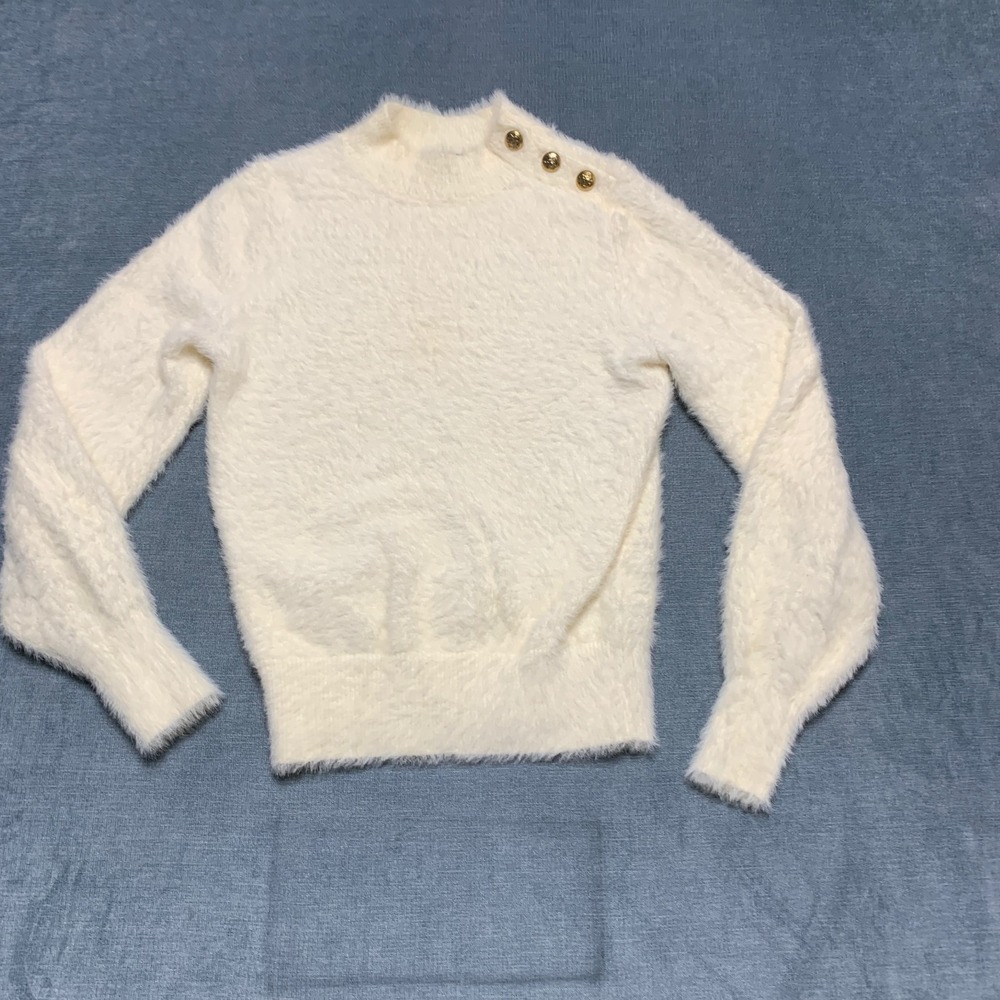 Banana Republic Fuzzy Sweater Women XS Cream Cozy Gold Button Shoulder Mock Neck